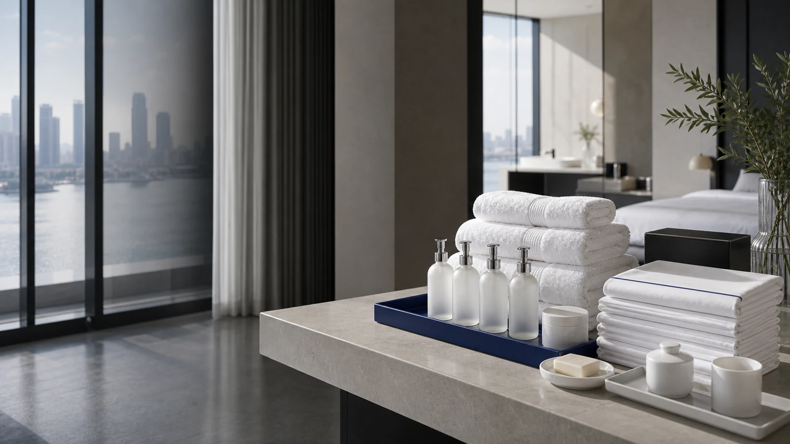 Bright hotel room staged with linen, towels, and amenities