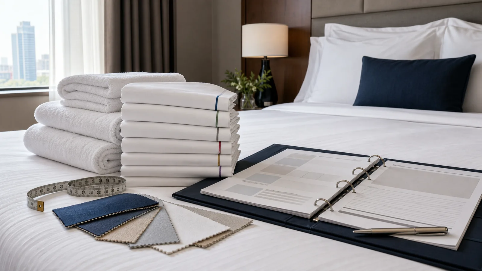 Linge de lit d’hôtel conforme aux standards de chaîne avec serviettes pliées, échantillons et classeur d’achat sans texte