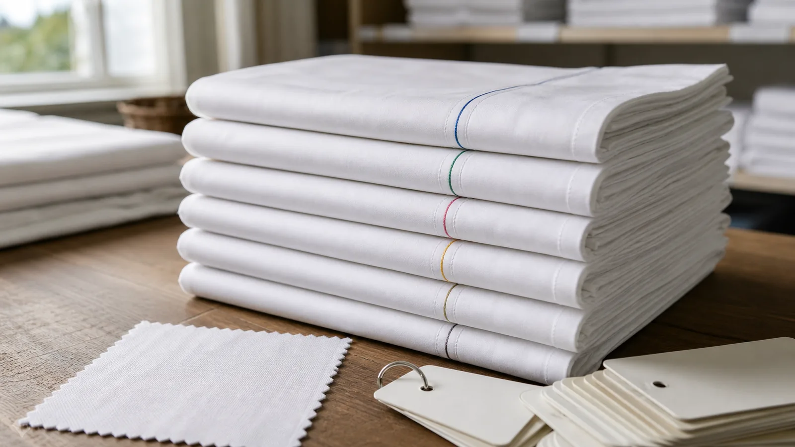 Draps d’hôtel blancs pliés avec fils d’ourlet codés par couleur pour identifier la dimension