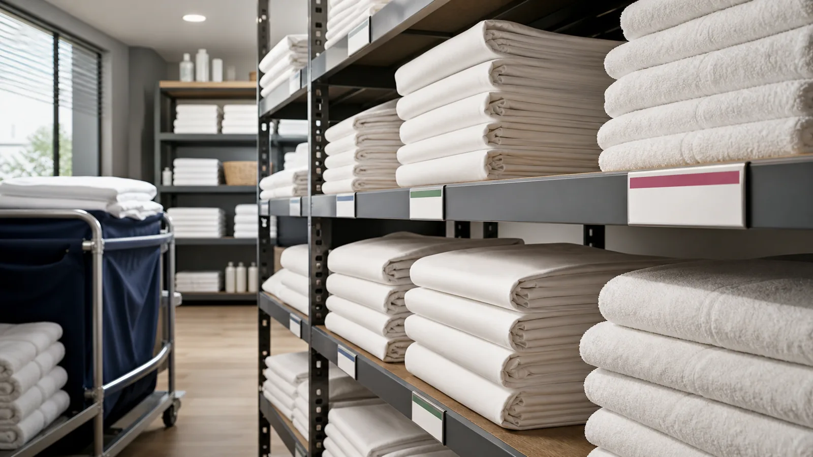Lingerie d’hôtel garnie de draps et serviettes blancs conformes aux standards de chaîne