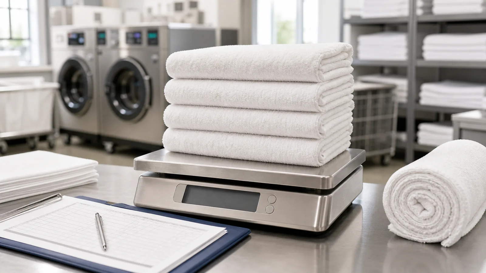 Serviettes d’hôtel blanches pesées sur une balance dans une blanchisserie professionnelle