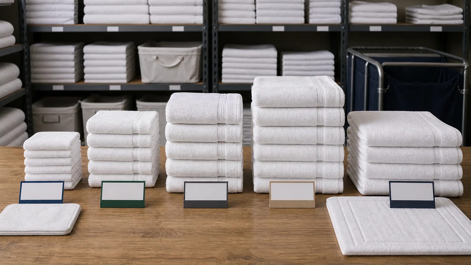 Étagères de stock de serviettes d’hôtel organisées par dimension et par grammage