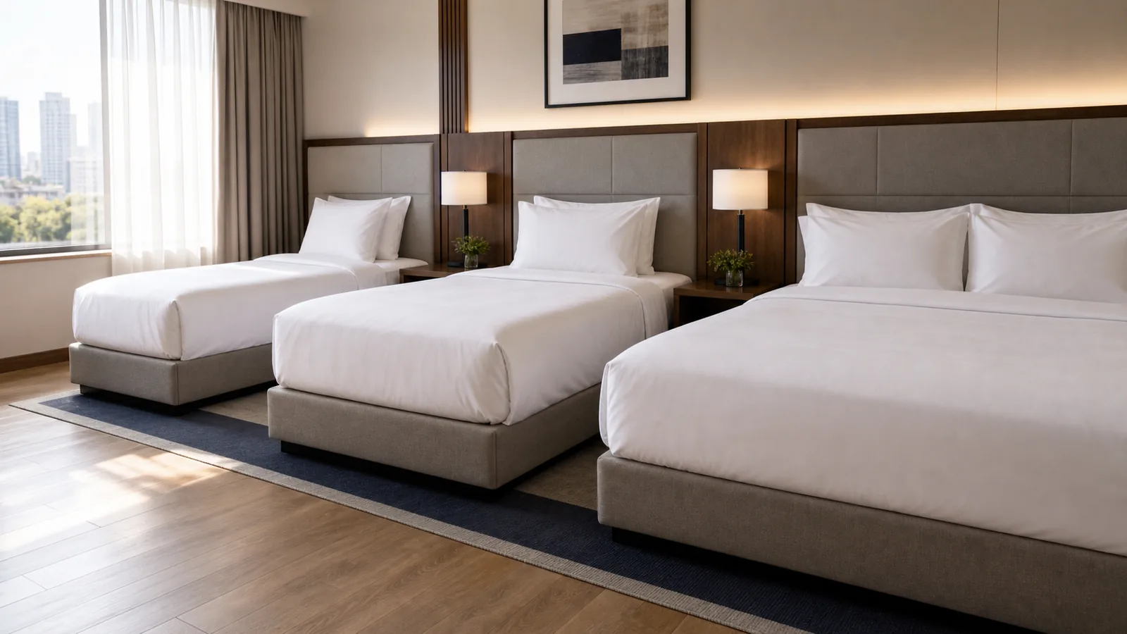 Lits d’hôtel de différentes dimensions soigneusement préparés dans une chambre lumineuse