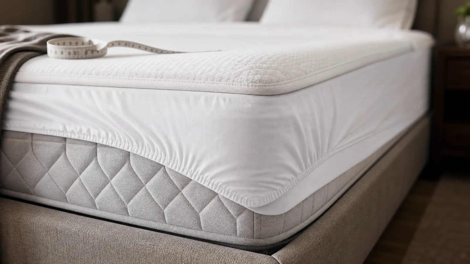 Coin de drap-housse à grand bonnet tendu sur un matelas d’hôtel épais