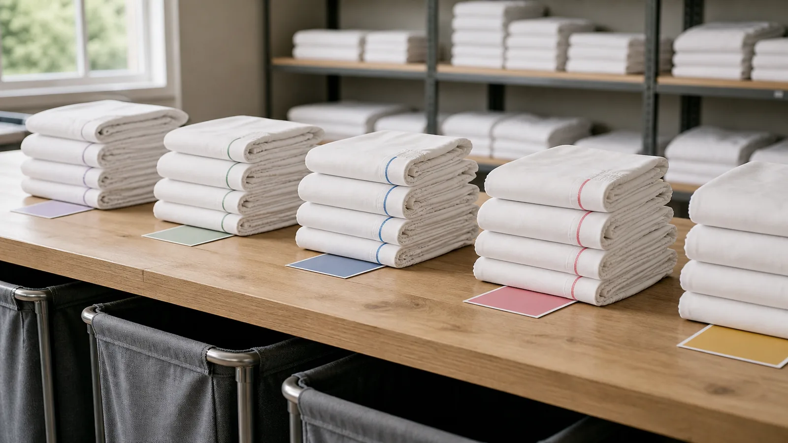 Draps d’hôtel blancs triés par dimension avec fils d’ourlet codés par couleur