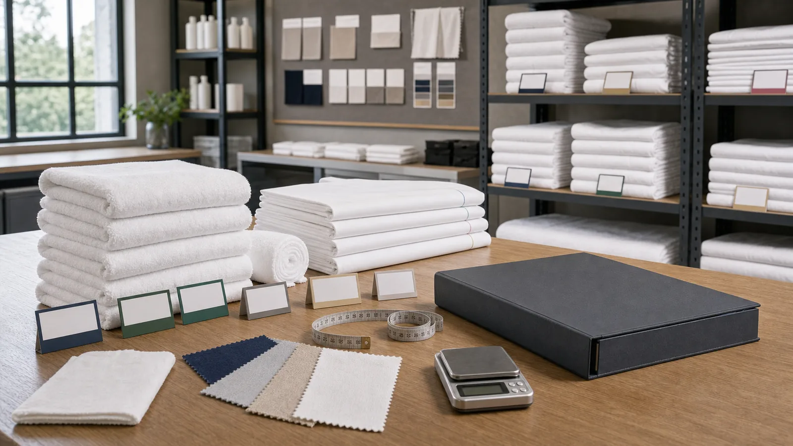 Table de contrôle des standards de linge hôtelier avec serviettes, draps, échantillons et cartes couleur sans texte