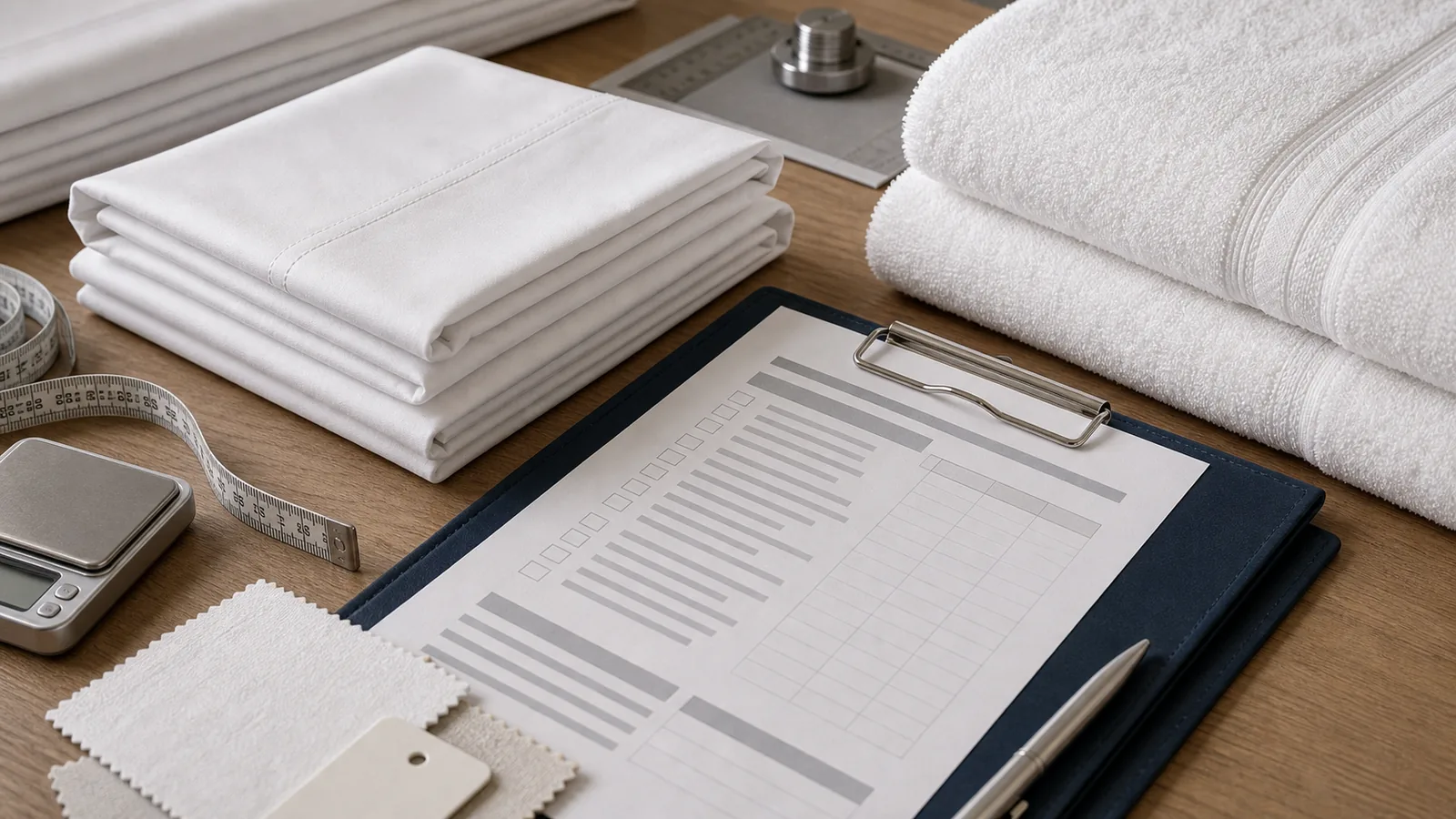 Table d’inspection du linge hôtelier avec serviettes blanches, draps pliés, outils de mesure et liste de contrôle sans texte