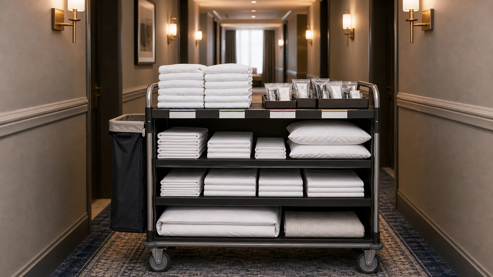 Chariot de housekeeping avec du linge blanc conforme aux standards dans un couloir d’hôtel