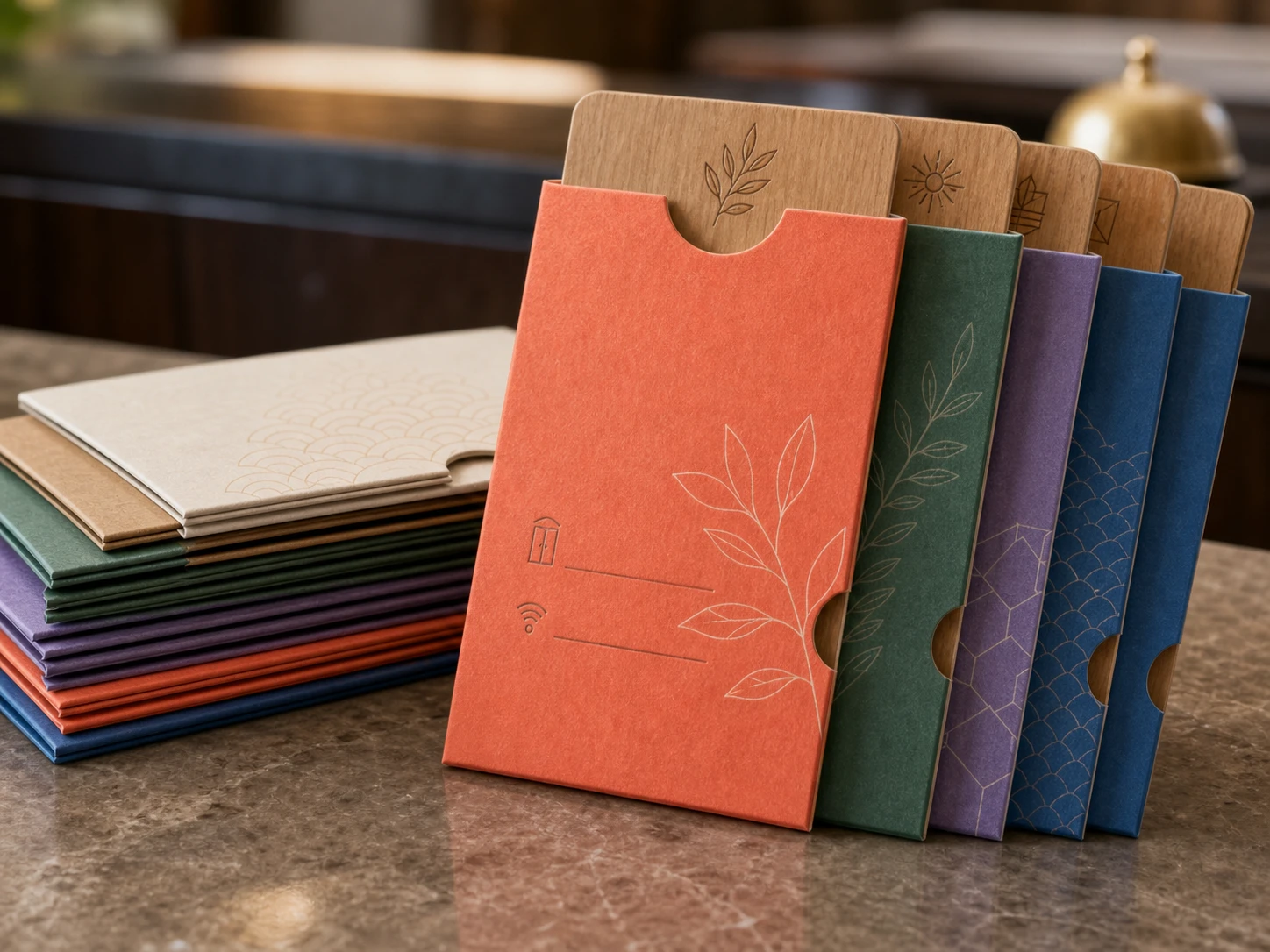 Colour-coordinated hotel key card sleeves arranged for front-desk handover