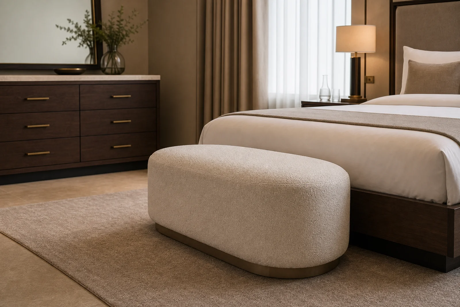 Upholstered Pouf shown in a hospitality interior