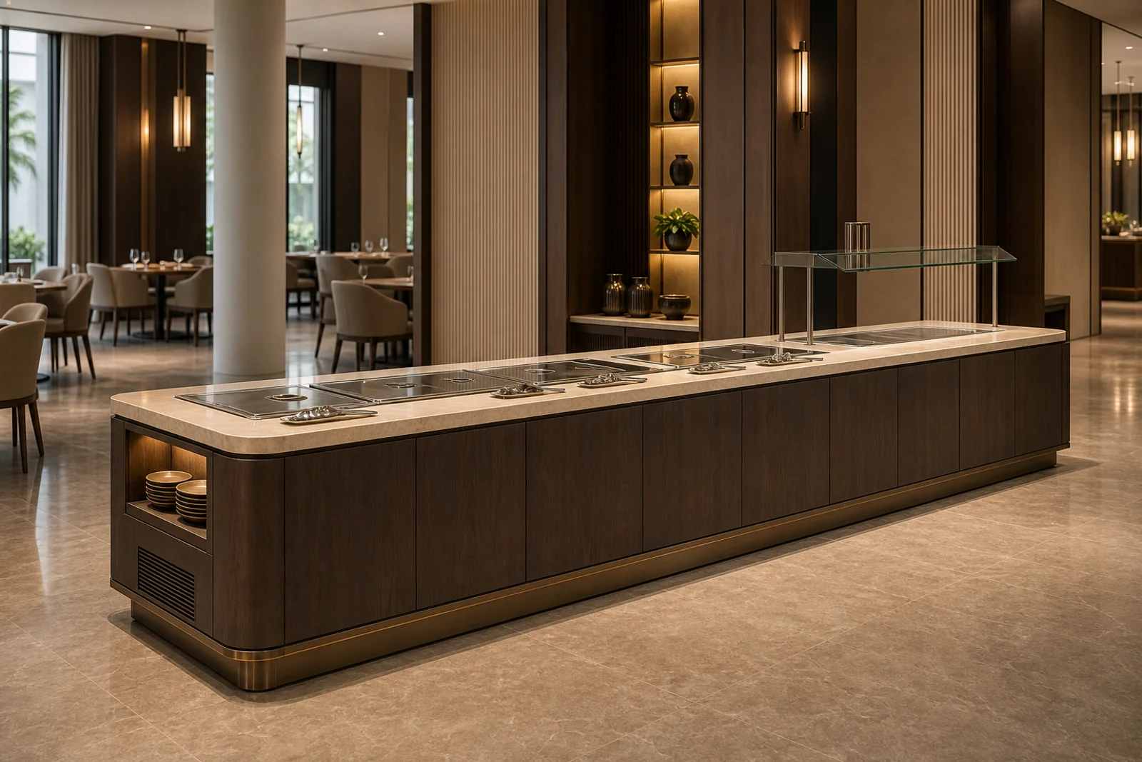 Hotel Buffet Table shown in a hospitality interior