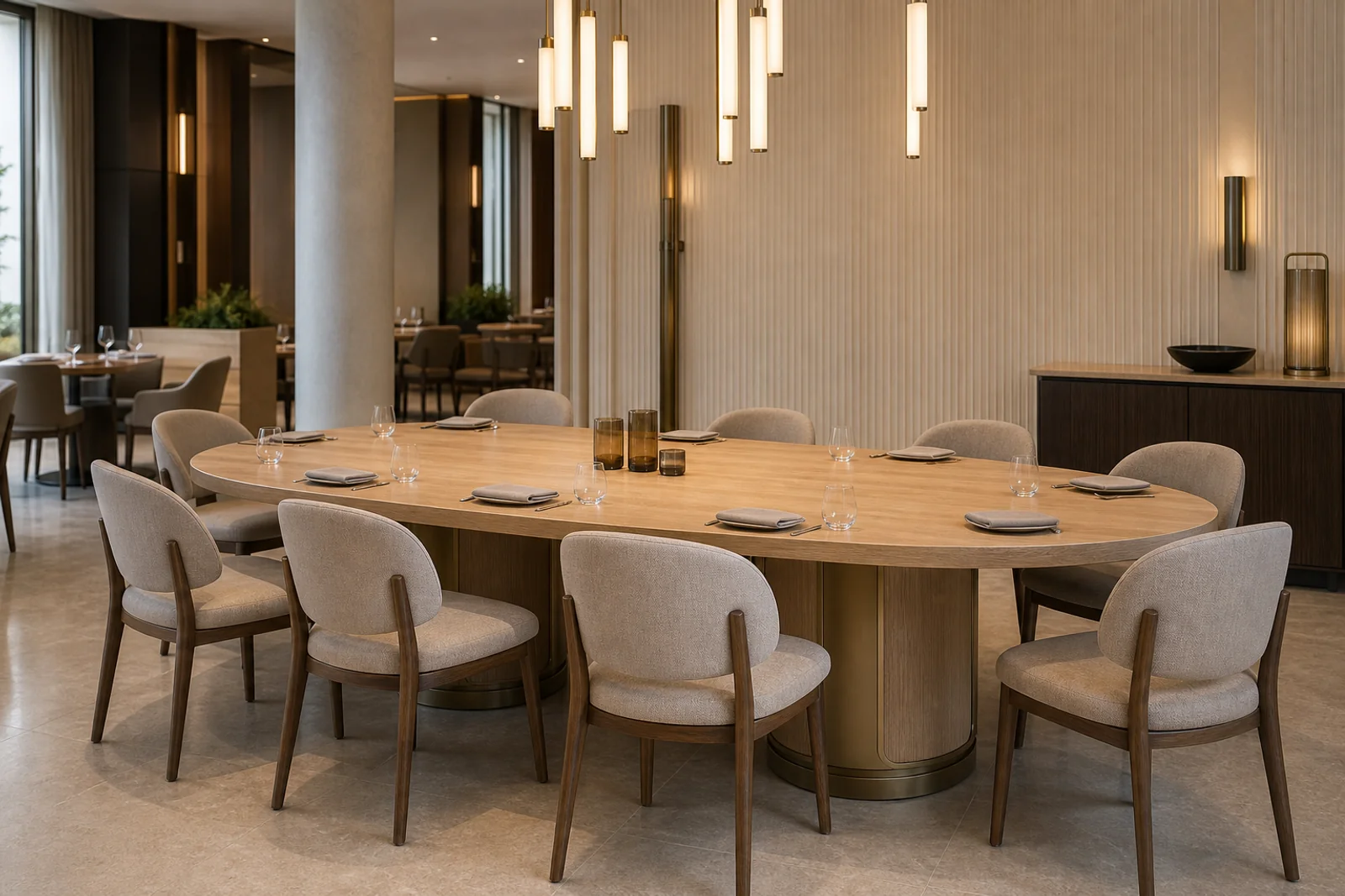 Oval Oak Dining Table shown in a hospitality interior