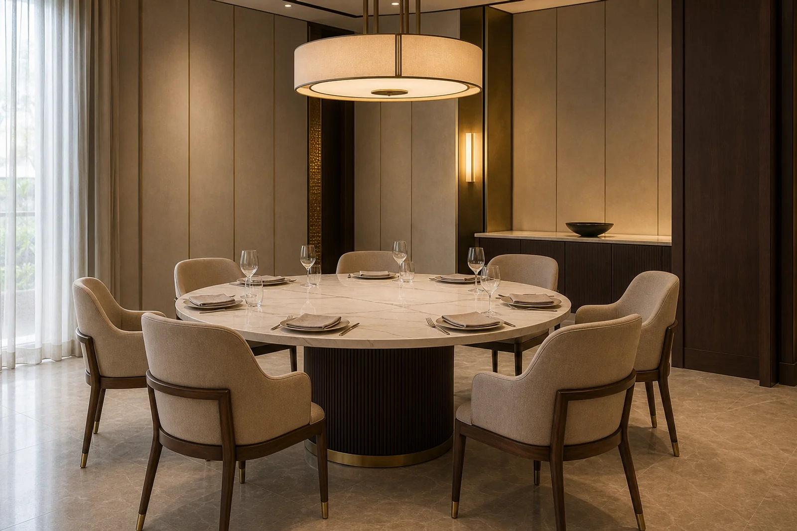 Round Marble Dining Table shown in a hospitality interior