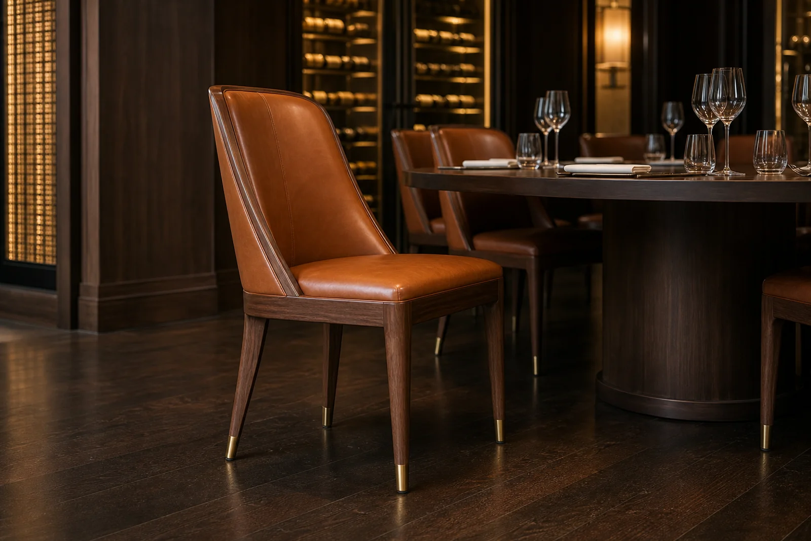 Upholstered Restaurant Dining Chair shown in a hospitality interior