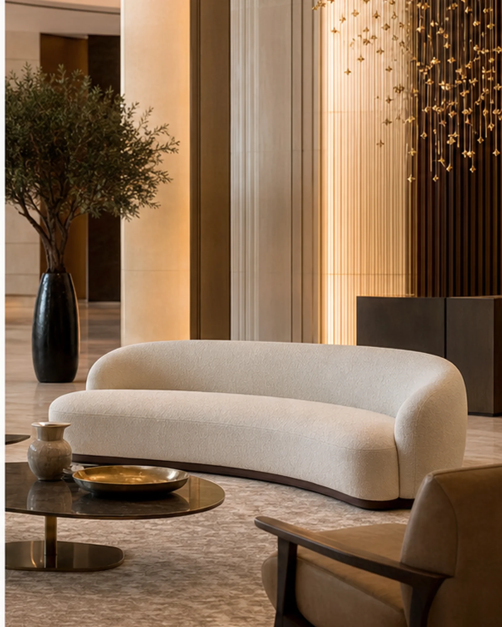 Curved contract sofa installed in a hotel lobby setting