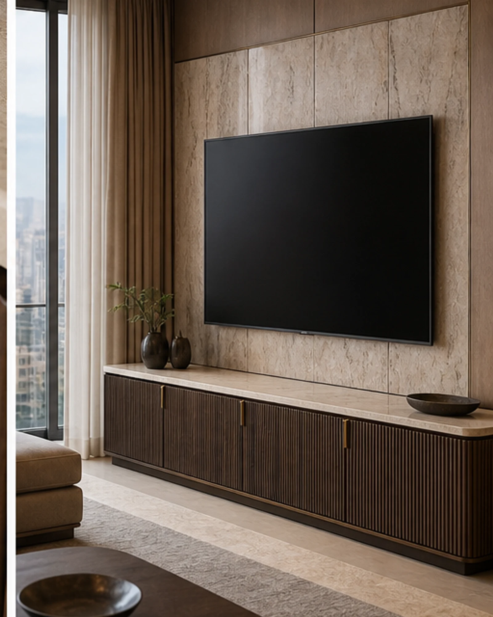 Fluted Media Console shown in a hospitality interior