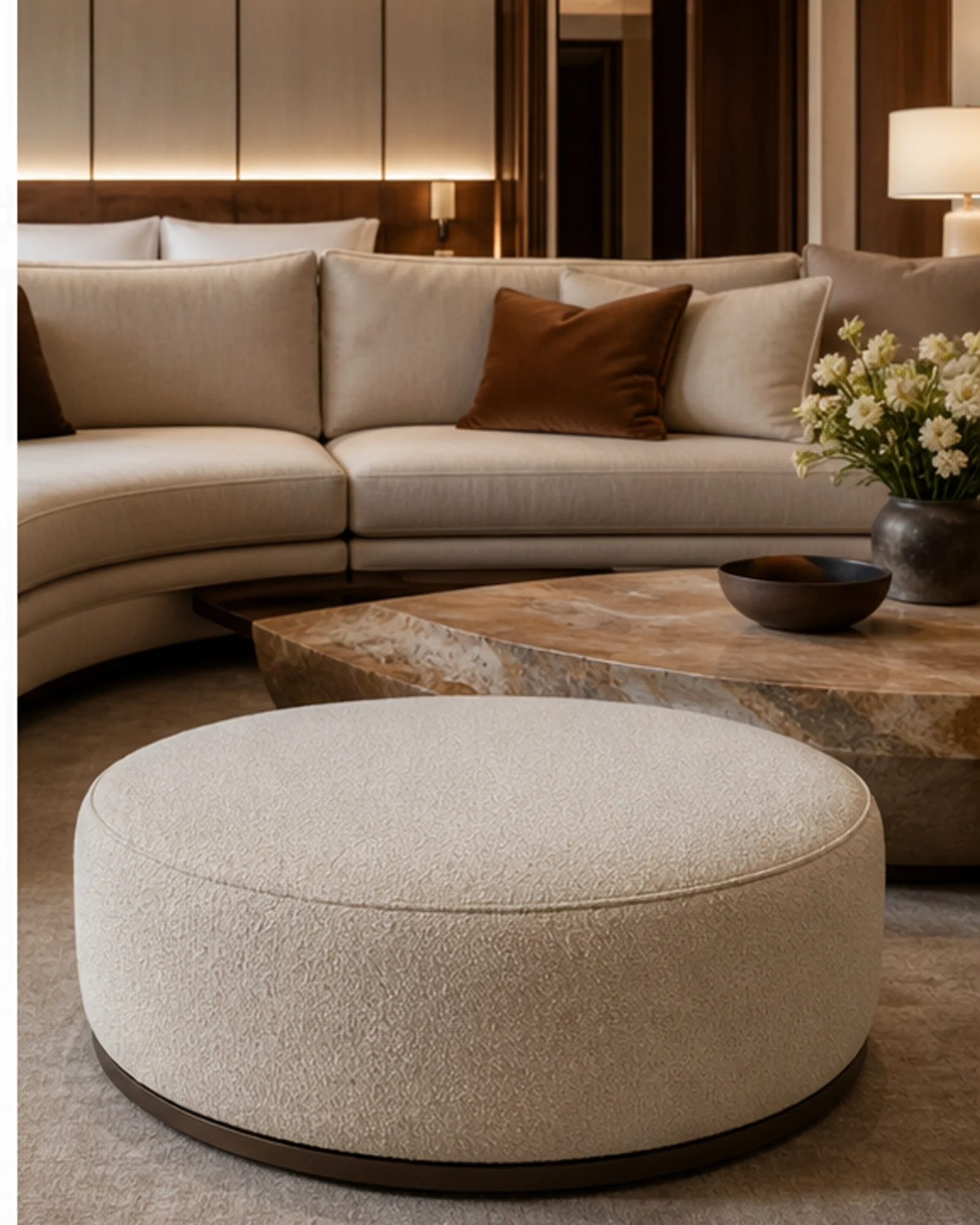 Tailored Lounge Ottoman shown in a hospitality interior