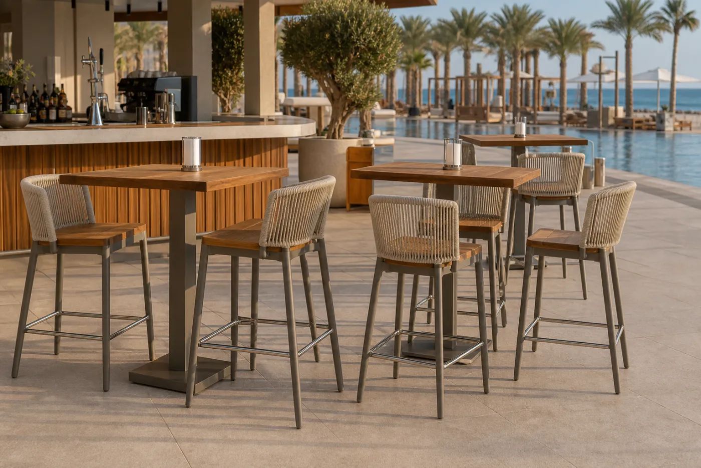 Beach Bar Table & Stools shown in a hospitality interior
