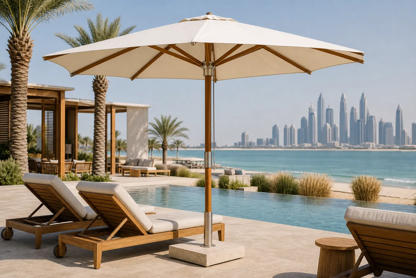 Wooden Resort Umbrella shown in a hospitality interior