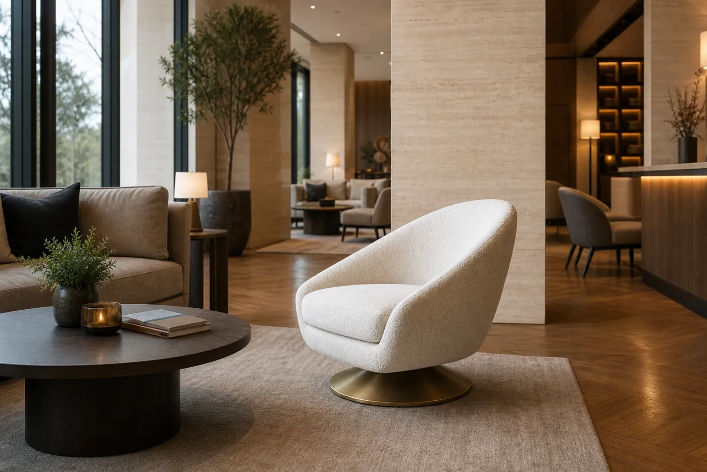 Lobby Lounge Swivel Chair shown in a hospitality interior