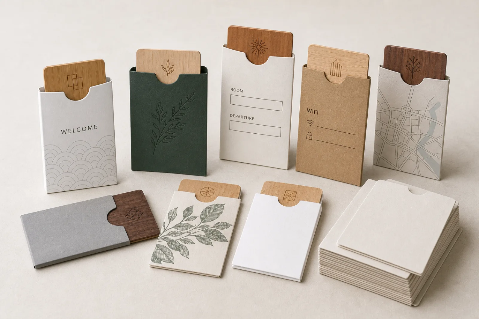 Hotel key cards and printed sleeves arranged as a coordinated access set